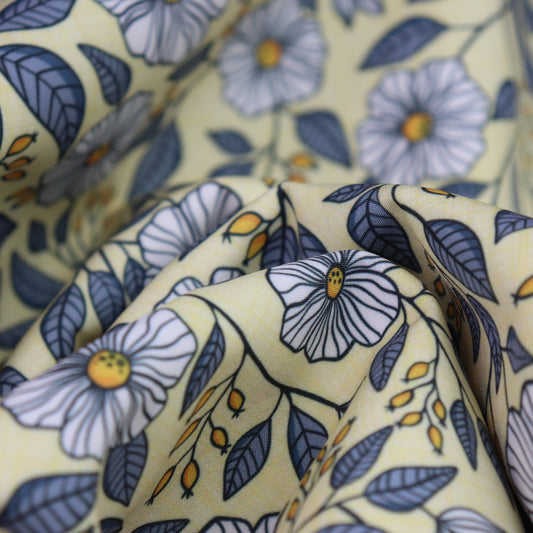 Tessuto SOFTSHELL impermeabile: Stampa floreale grigio su sfondo giallo chiaro