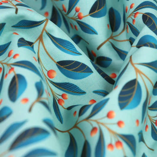 Tessuto SOFTSHELL impermeabile: Foglie e Bacche su sfondo verde acqua