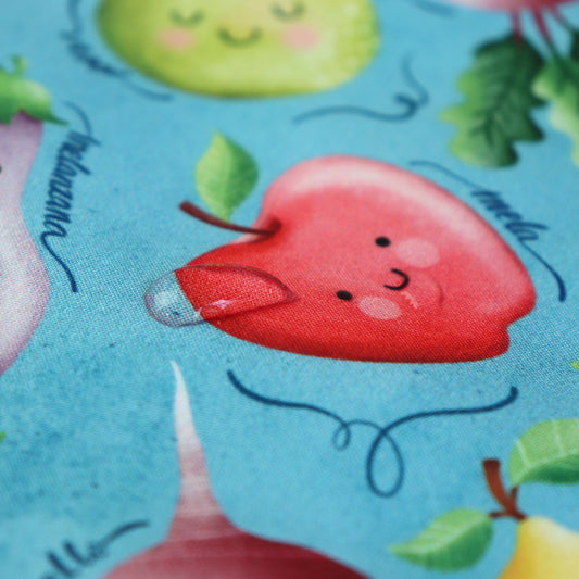 Tessuto SOFTSHELL impermeabile: Frutta e Verdura su sfondo Celeste