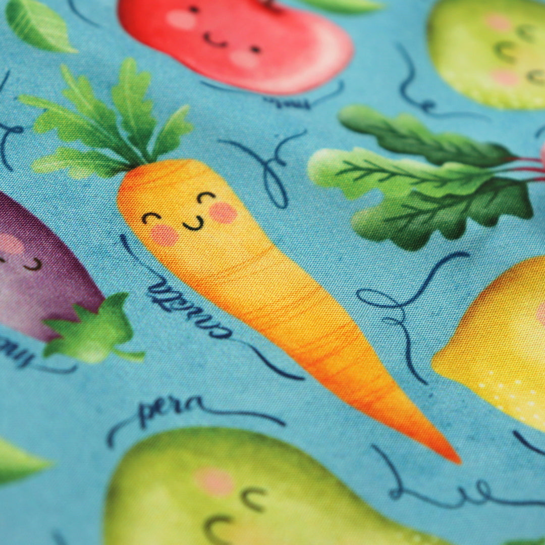 Tessuto SOFTSHELL impermeabile: Frutta e Verdura su sfondo Celeste