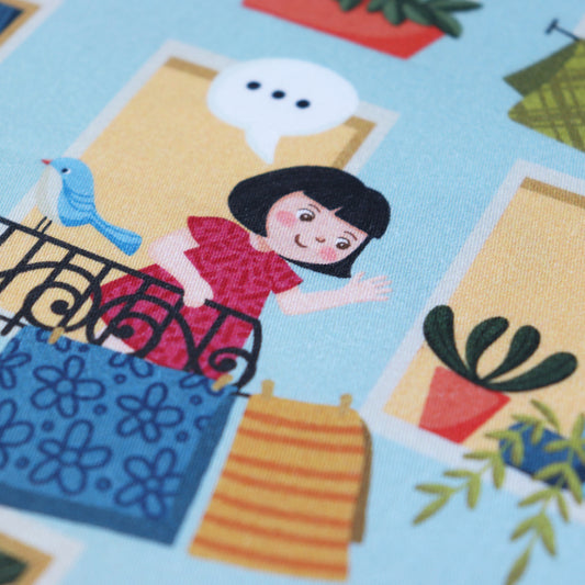 Tessuto in Raso di 100% Cotone: Il Condominio - Bambine alle Finestre