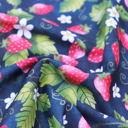 Tessuto in Raso di 100% Cotone: Fragole su sfondo Blu Scuro