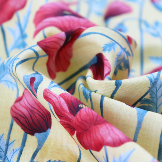 Tessuto in Raso di 100% Cotone: Papaveri Rossi su Sfondo Giallo