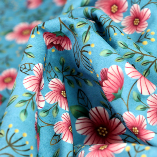 Tessuto SOFTSHELL impermeabile: Fiori rosa su sfondo turchese