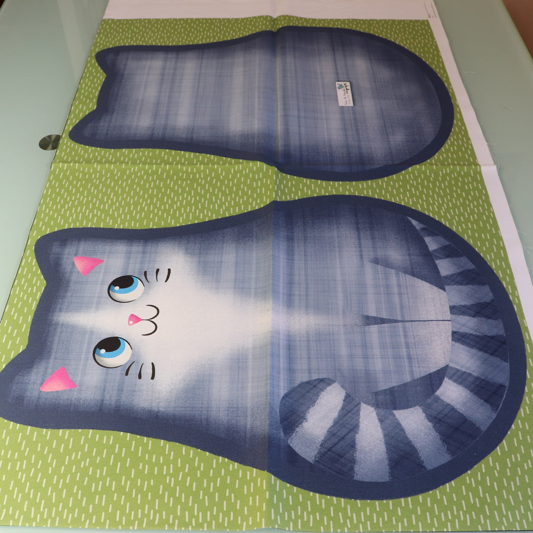 Pannello di stoffa "Micione" grigio/celeste, cuscino a forma di GATTO da tagliare, cucire e imbottire