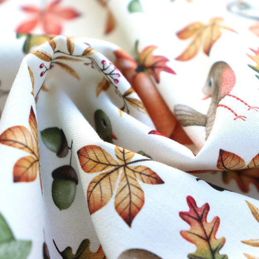 Tessuto in Raso di 100% Cotone: Zucche e Uccellini su sfondo Chiaro