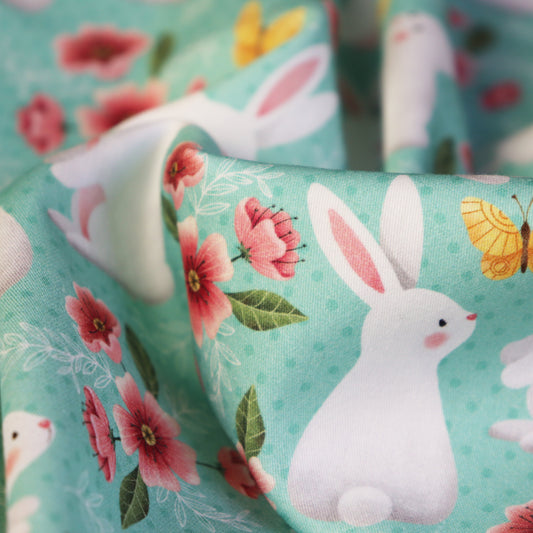 Set di 3 Tessuti Coordinati in Raso 100% Cotone: Coniglietti e Farfalle su sfondo Verde Acqua