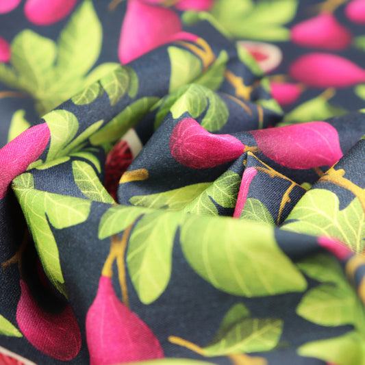 Set di 3 Tessuti Coordinati in Raso 100% Cotone: Fichi Fucsia e Foglie Verdi