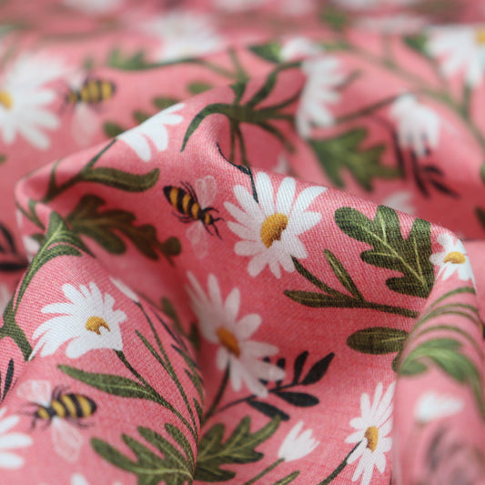 Tessuto in Raso di 100% Cotone: Daisy Dream - Margherite su sfondo Rosa