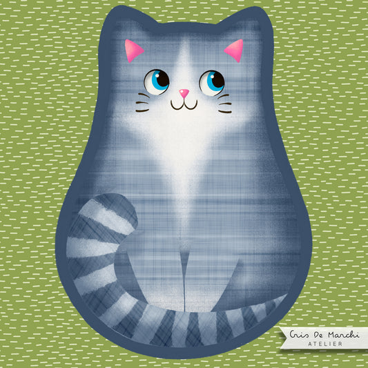 Pannello di stoffa "Micione" grigio/celeste, cuscino a forma di GATTO da tagliare, cucire e imbottire