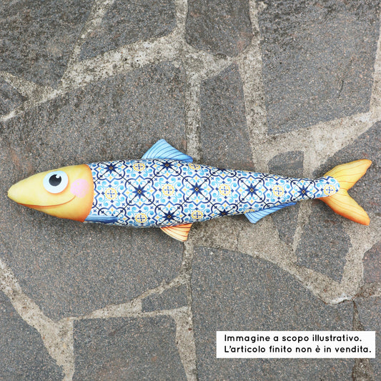 Pannello di stoffa "Sardina Portoghese", cuscino a forma di pesce da tagliare, cucire e imbottire