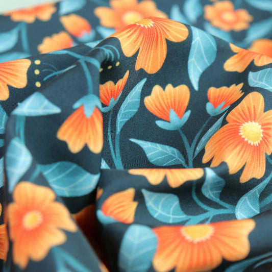 Tessuto SOFTSHELL impermeabile: Vintage botanica, Fiori arancioni su sfondo blu scuro