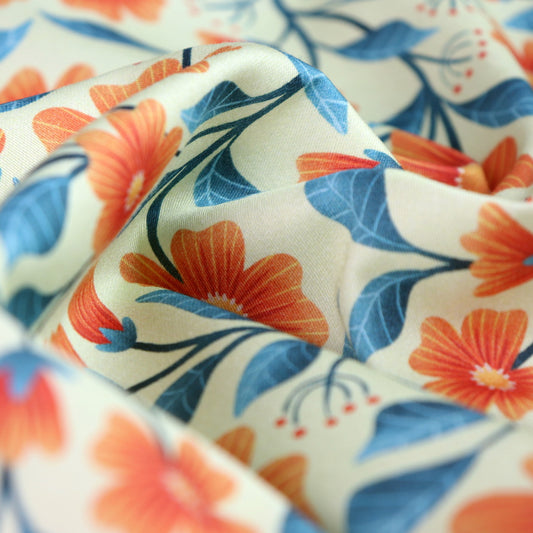 Tessuto in Raso di 100% Cotone: Vintage Botanica - Fiori Arancioni su sfondo Chiaro