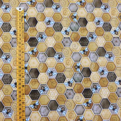 Set di 3 Tessuti Coordinati in Raso 100% Cotone: Api e Alveare Giallo e Marrone