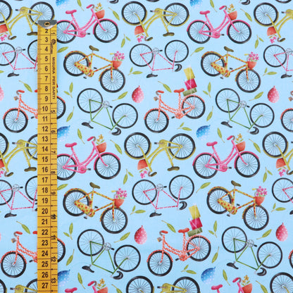 Tessuto in Raso di 100% Cotone: Biciclette su sfondo Celeste