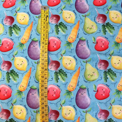 Tessuto SOFTSHELL impermeabile: Frutta e Verdura su sfondo Celeste