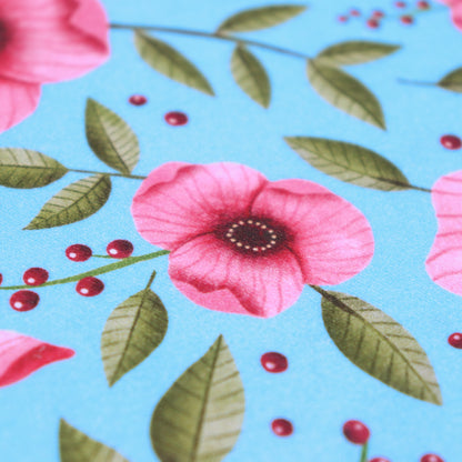 Tessuto in Raso di 100% Cotone: Fiori Rosa su sfondo Turchese