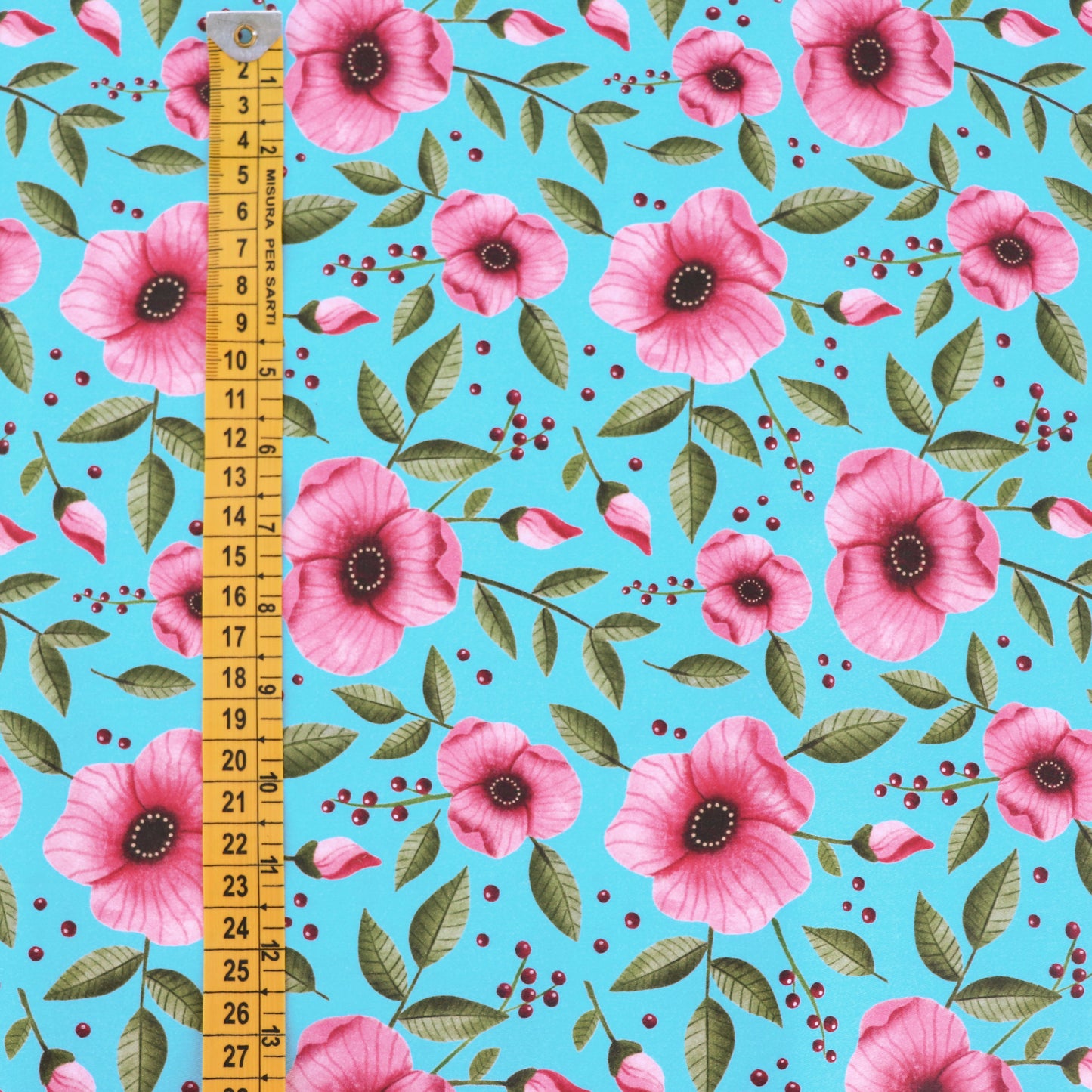 Tessuto in Raso di 100% Cotone: Fiori Rosa su sfondo Turchese
