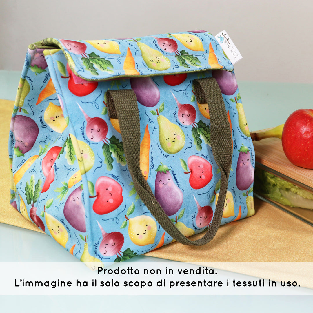 Tessuto SOFTSHELL impermeabile: Frutta e Verdura su sfondo Celeste