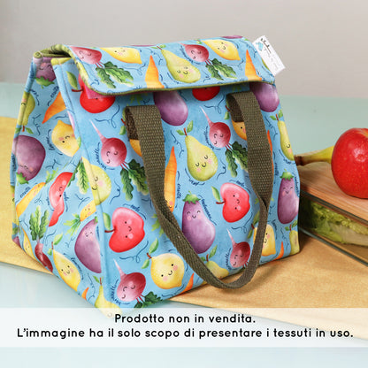Tessuto SOFTSHELL impermeabile: Frutta e Verdura su sfondo Celeste