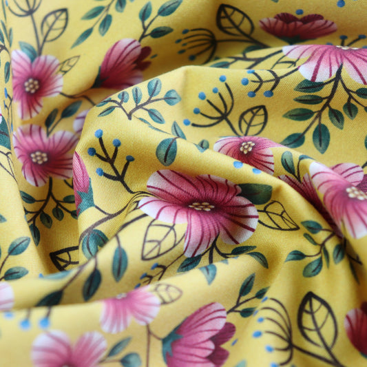 Set di 3 Tessuti Coordinati in Raso 100% Cotone: Fiori Rosa su sfondo Giallo