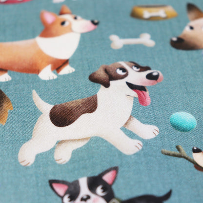 Set di 3 Tessuti Coordinati in Raso 100% Cotone: Cani di varie Razze su sfondo Celeste