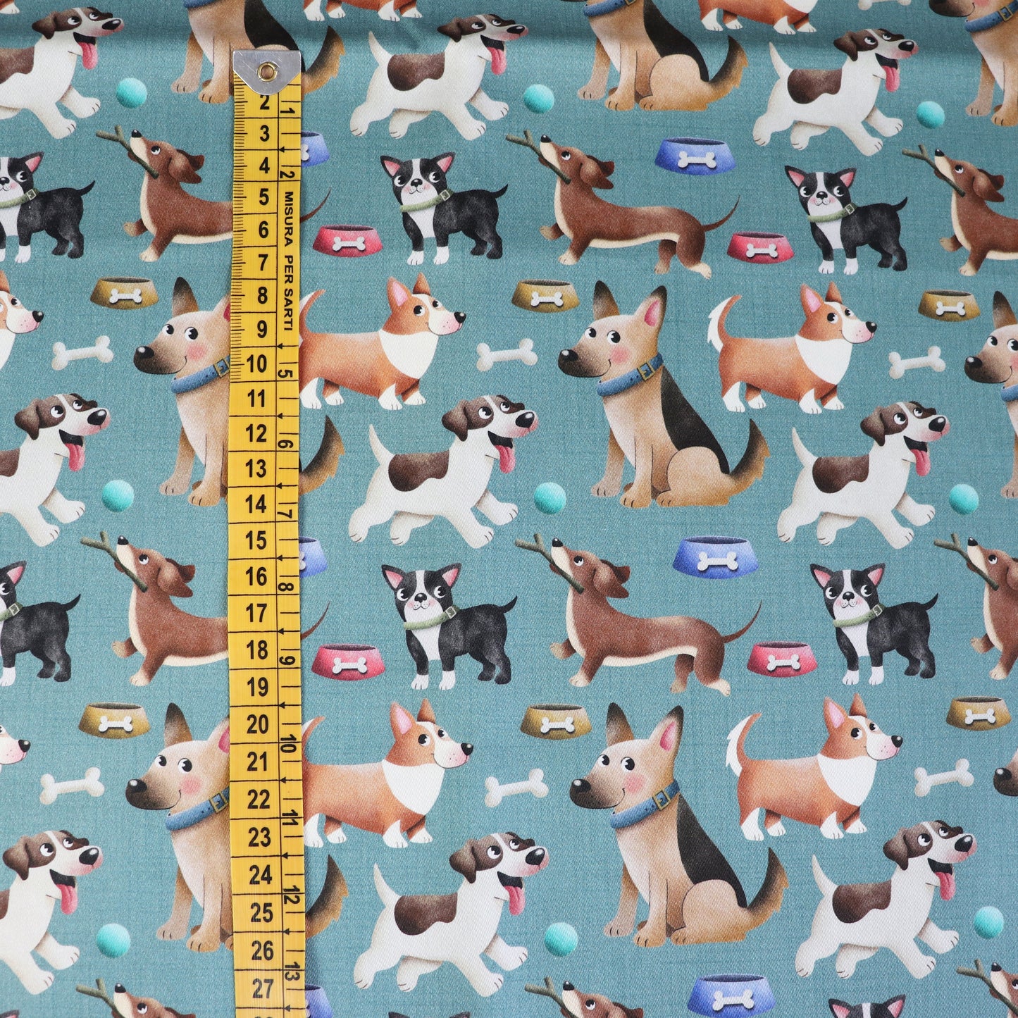 Set di 3 Tessuti Coordinati in Raso 100% Cotone: Cani di varie Razze su sfondo Celeste