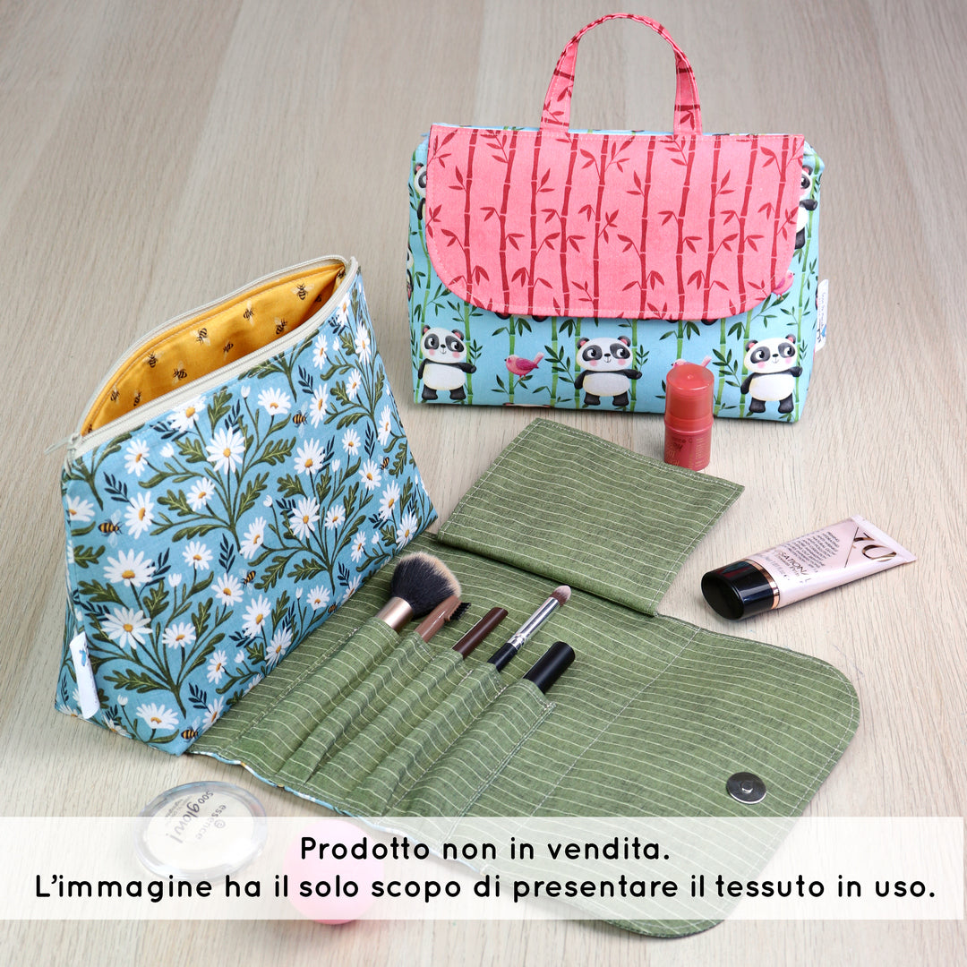 Set di 3 Tessuti Coordinati in Raso 100% Cotone: Panda e Uccellini su sfondo Turchese