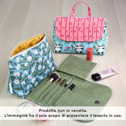 Set di 3 Tessuti Coordinati in Raso 100% Cotone: Panda e Uccellini su sfondo Turchese