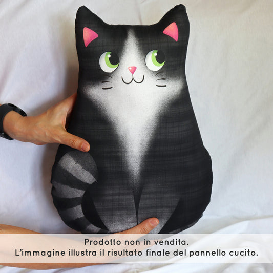 Pannello di stoffa "Micione" nero, cuscino a forma di GATTO da tagliare, cucire e imbottire