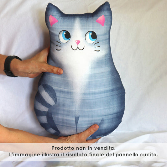 Pannello di stoffa "Micione" grigio/celeste, cuscino a forma di GATTO da tagliare, cucire e imbottire