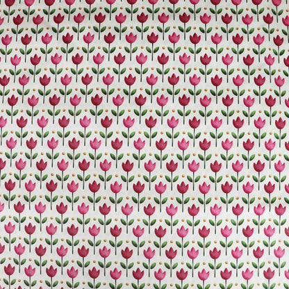 Tessuto in Raso di 100% Cotone: Tulipani Rosa su sfondo Chiaro