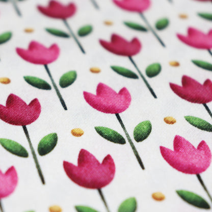 Tessuto in Raso di 100% Cotone: Tulipani Rosa su sfondo Chiaro