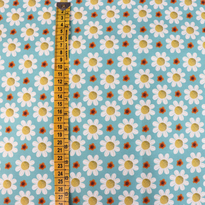 Tessuto in Raso di 100% Cotone: Margherite su sfondo Celeste