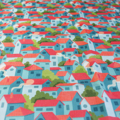 Tessuto in Raso di 100% Cotone: Paesaggio urbano con casette