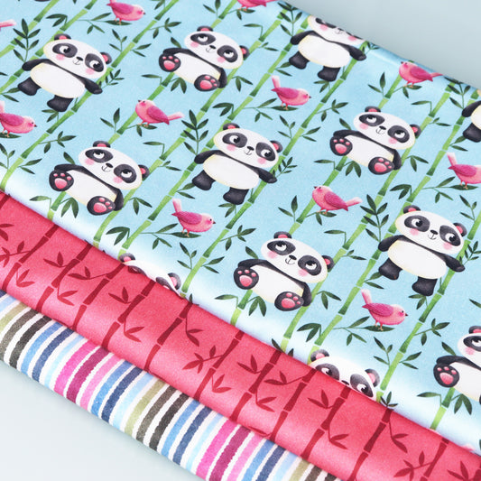 Set di 3 Tessuti Coordinati in Raso 100% Cotone: Panda e Uccellini su sfondo Turchese