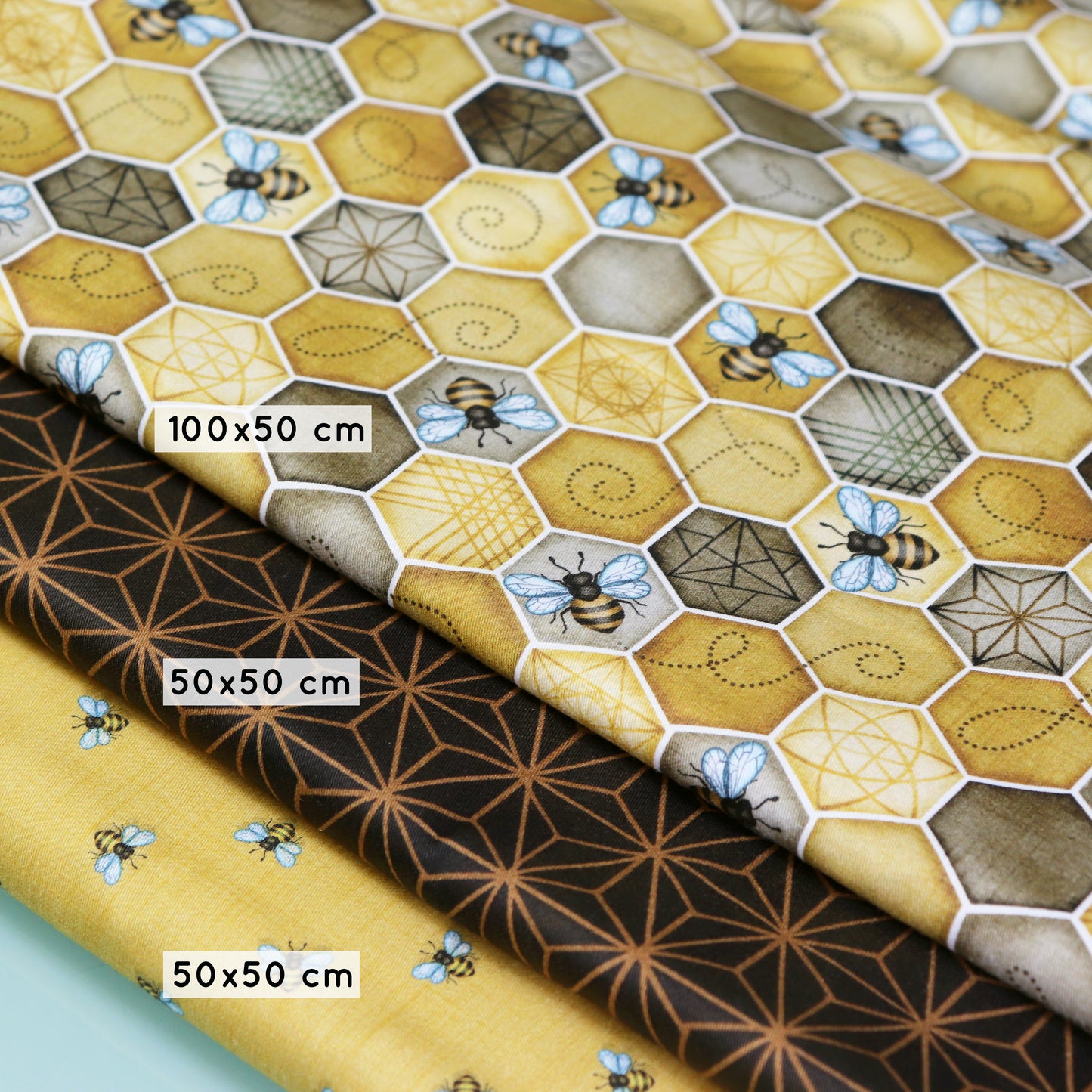 Set di 3 Tessuti Coordinati in Raso 100% Cotone: Api e Alveare Giallo e Marrone
