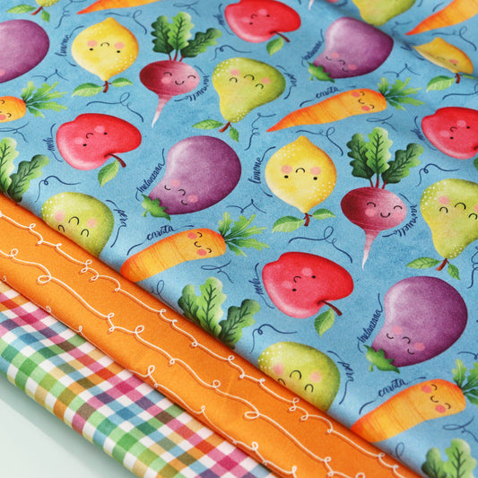 Set di 3 Tessuti Coordinati in Raso 100% Cotone: Frutta e Verdura su sfondo Azzurro