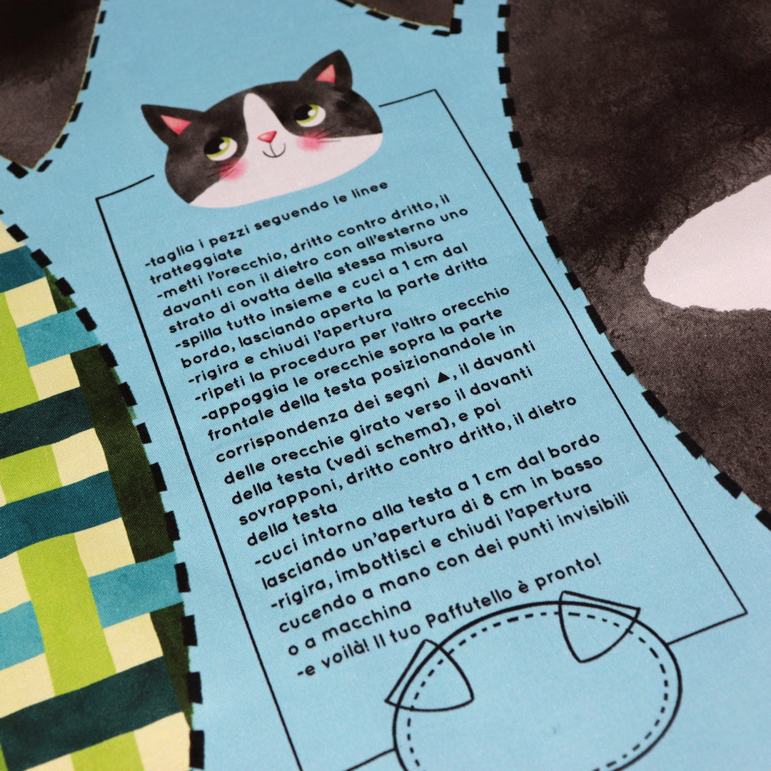 Pannello di stoffa "I Paffutelli", cuscino GATTO bianco e nero da tagliare, cucire e imbottire