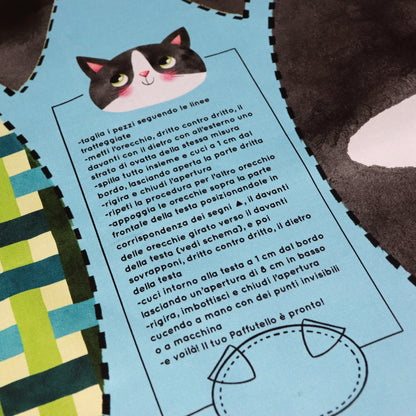 Pannello di stoffa "I Paffutelli", cuscino GATTO bianco e nero da tagliare, cucire e imbottire