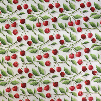 Tessuto in Raso di 100% Cotone: Cherry Crush - Ciliegie su sfondo Bianco