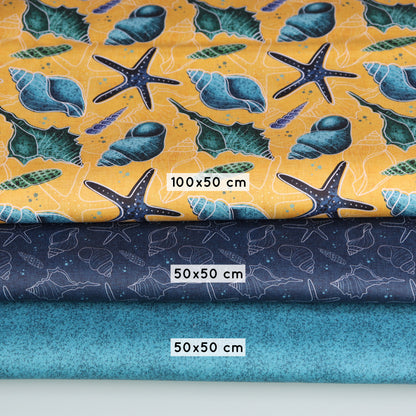 Set di 3 Tessuti Coordinati in Raso 100% Cotone: Conchiglie Blu su sfondo Giallo