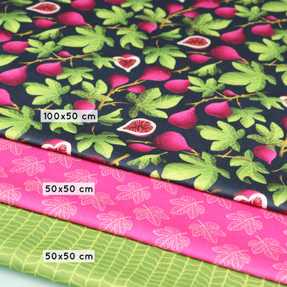 Set di 3 Tessuti Coordinati in Raso 100% Cotone: Fichi Fucsia e Foglie Verdi