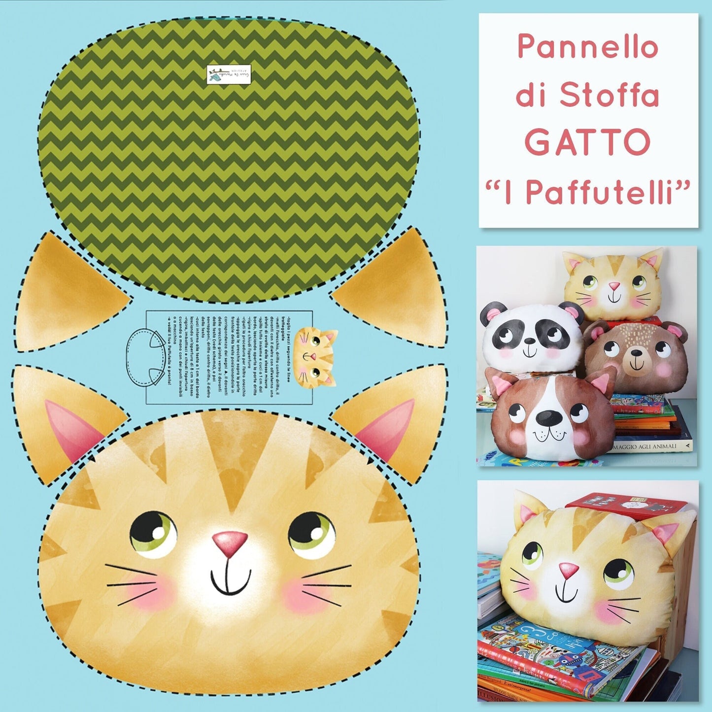Pannello di stoffa "I Paffutelli", cuscino GATTO da tagliare, cucire e imbottire