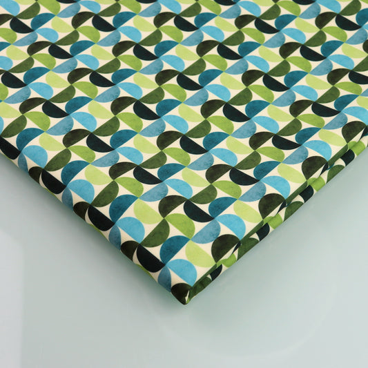 Tessuto SOFTSHELL impermeabile: Stampa geometrica con semicerchi sul verde e blu
