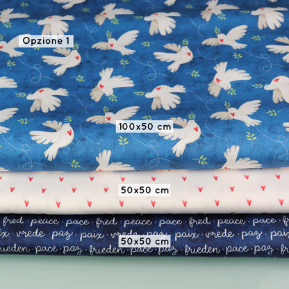 Set di Tessuti Coordinati in Raso di Cotone: "Peace & Love" Colombe della Pace su sfondo blu