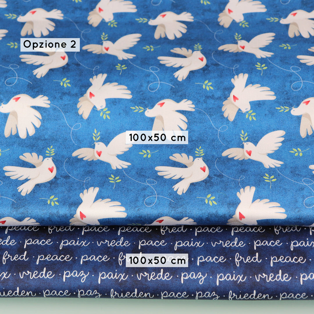 Set di Tessuti Coordinati in Raso di Cotone: "Peace & Love" Colombe della Pace su sfondo blu