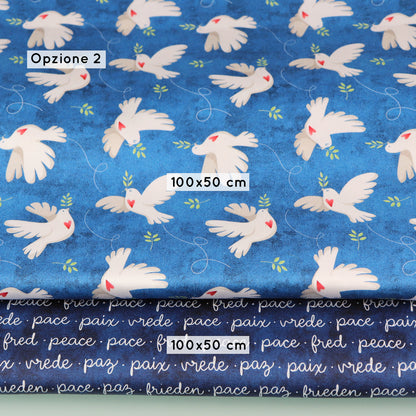 Set di Tessuti Coordinati in Raso di Cotone: "Peace & Love" Colombe della Pace su sfondo blu