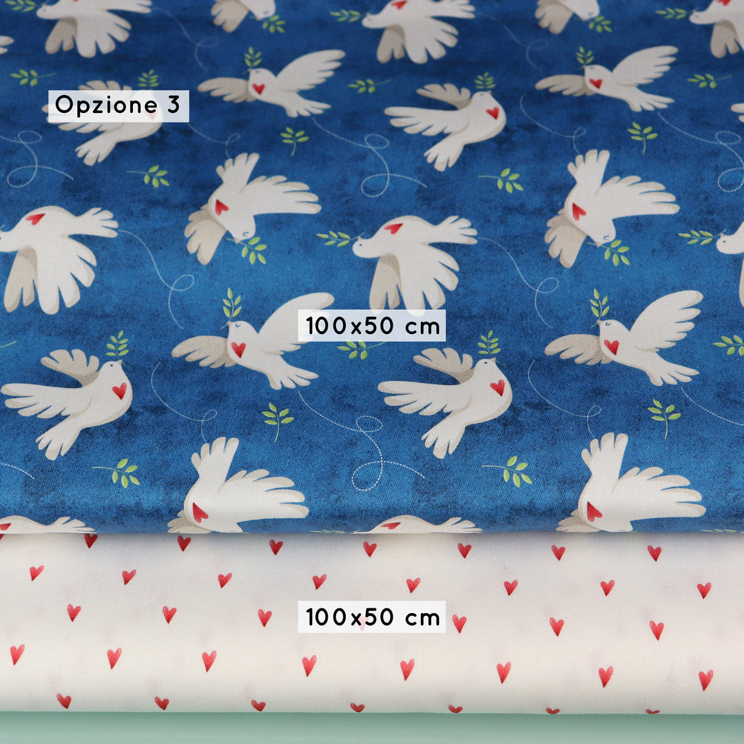 Set di Tessuti Coordinati in Raso di Cotone: "Peace & Love" Colombe della Pace su sfondo blu