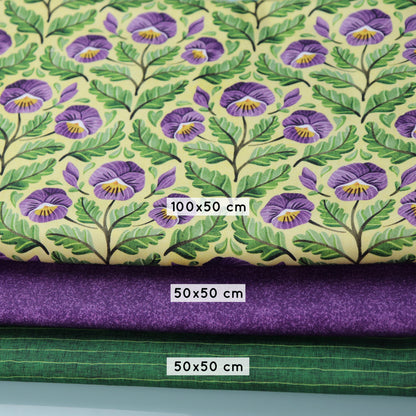 Set di 3 Tessuti Coordinati in Raso 100% Cotone: Pansy -  Viola del Pensiero su sfondo Giallo